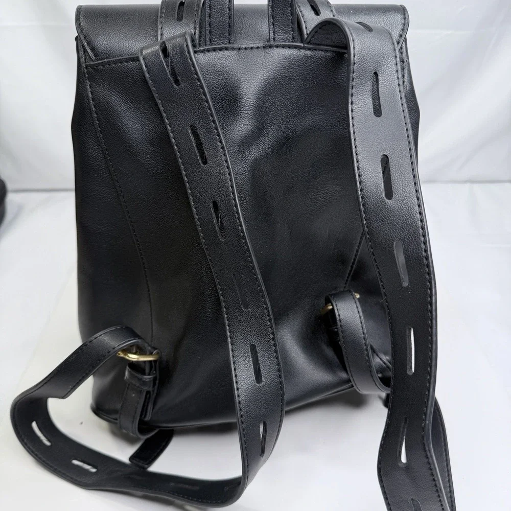 Love Moschino Black Faux Leather Backpack Gold Logo Front Pocket Bag